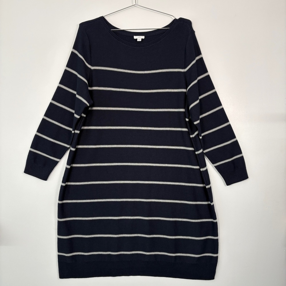 J. Jill Women Sweater Dress 2X Navy Blue White Striped Knit Long Sleeve CrewNeck